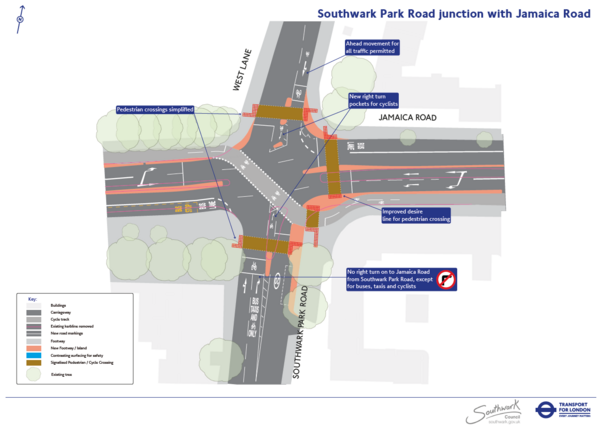 The photo for Southwark Park Road junction with Jamaica Road.